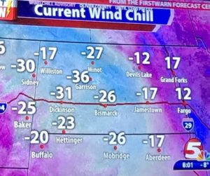 photo of a TV screen showing windchill temperatures