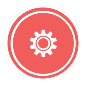 graphic with red circle with a gear inside it