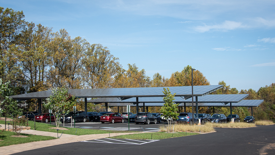 photograph of ASWB headquarters solar parking canopy