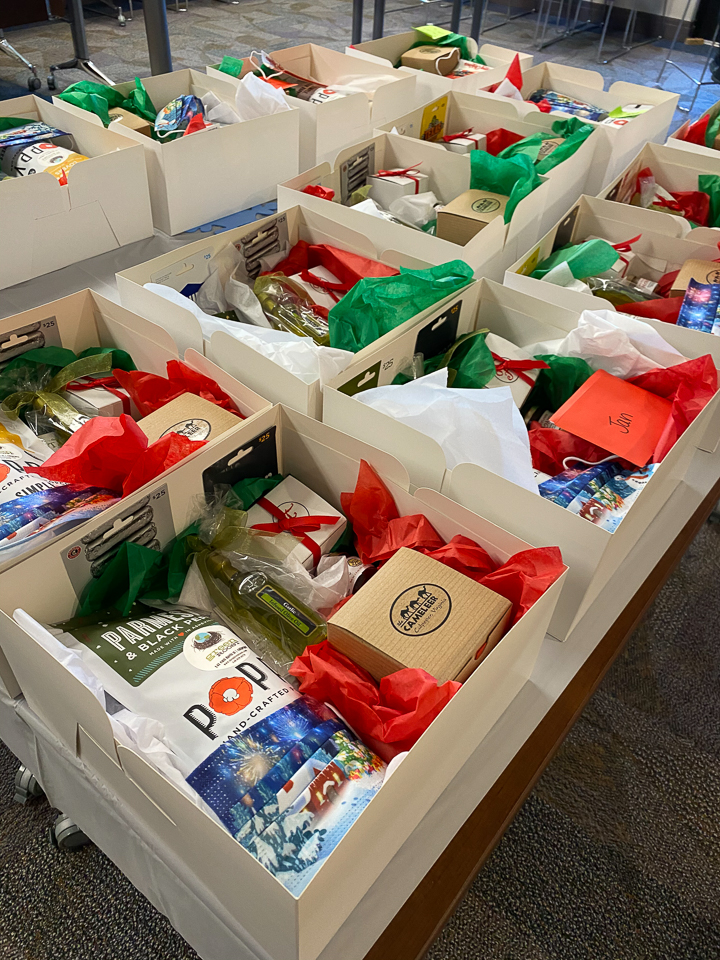 photograph of gift boxes stocked with local items