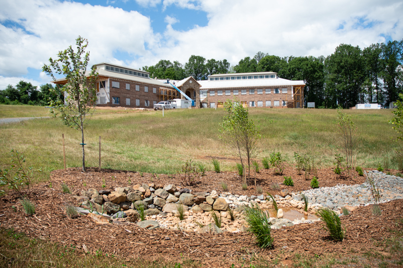 photograph of landscaping and building in background