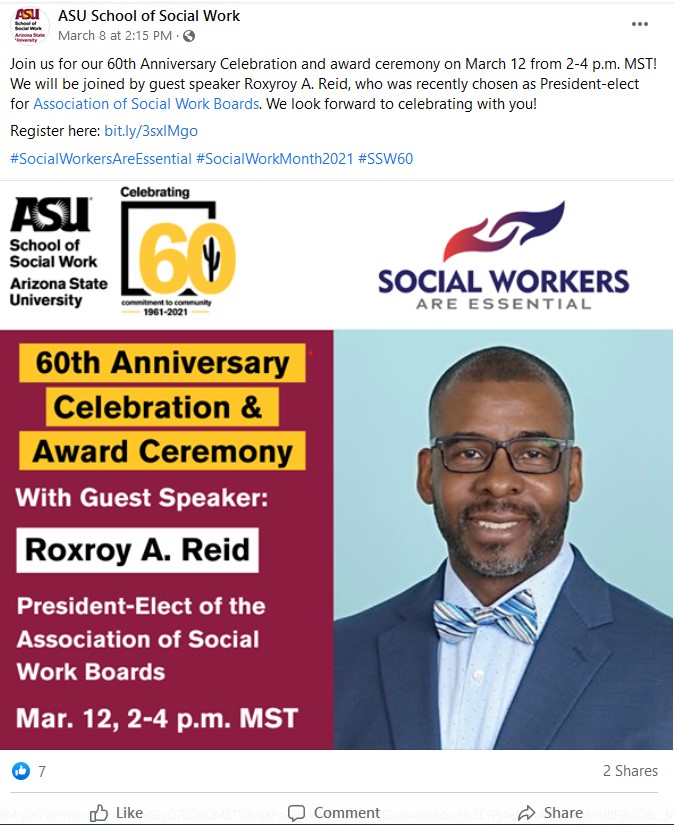 Social media post about a virtual event at Arizona State University