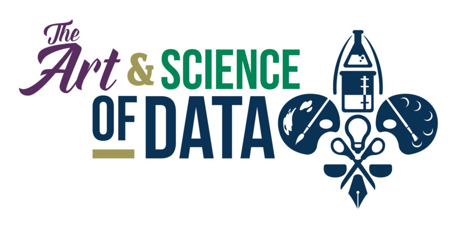 Logo with text that reads "The Art and Science of Data" and includes a fleur-de-lis made up of art supplies and scientific instruments