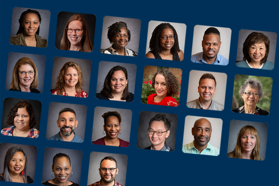 Collage of photos of social workers who serve on the ASWB exam committee, arranged in rows against a blue background.