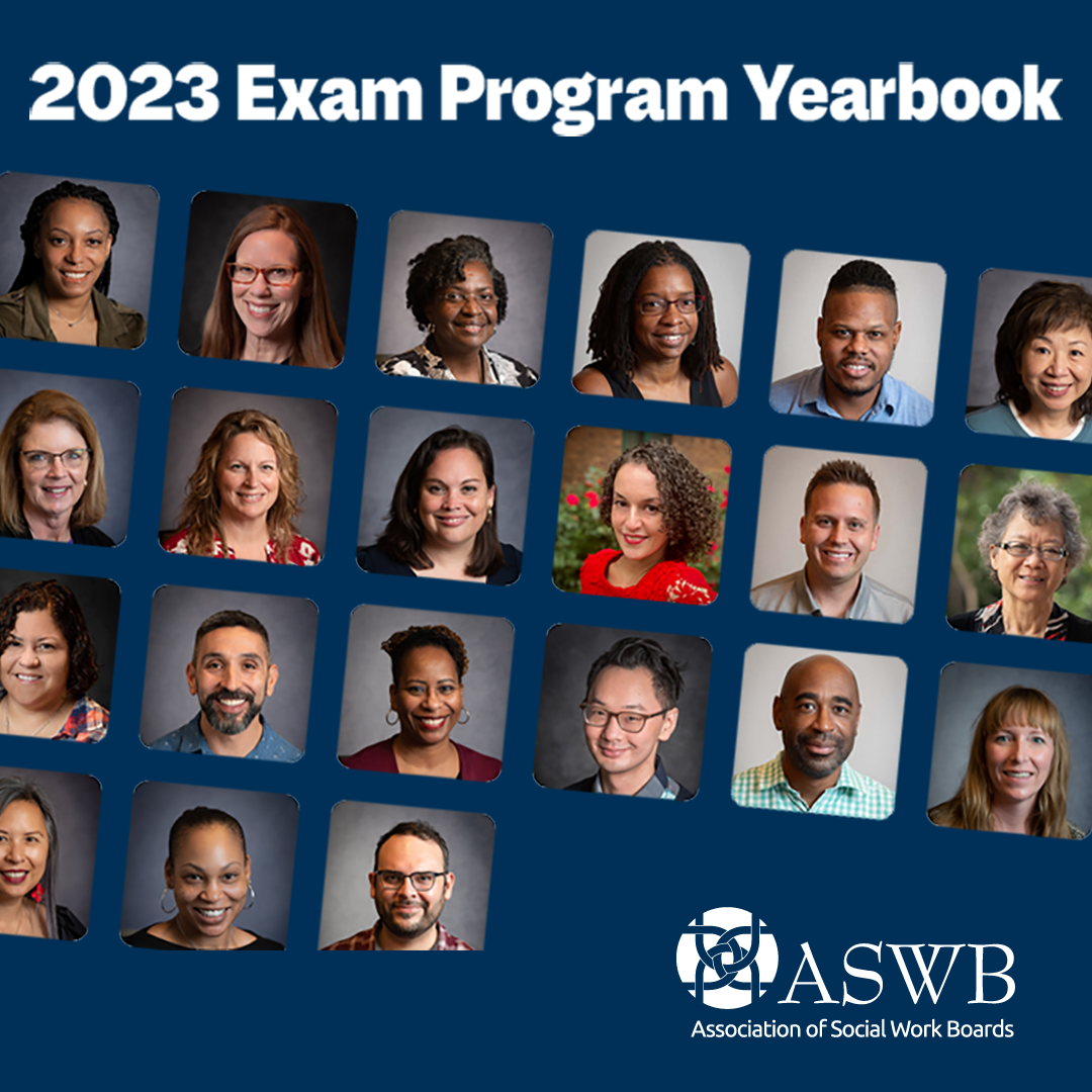 Collage of photos of social workers who serve on the ASWB exam committee, arranged in rows against a blue background.