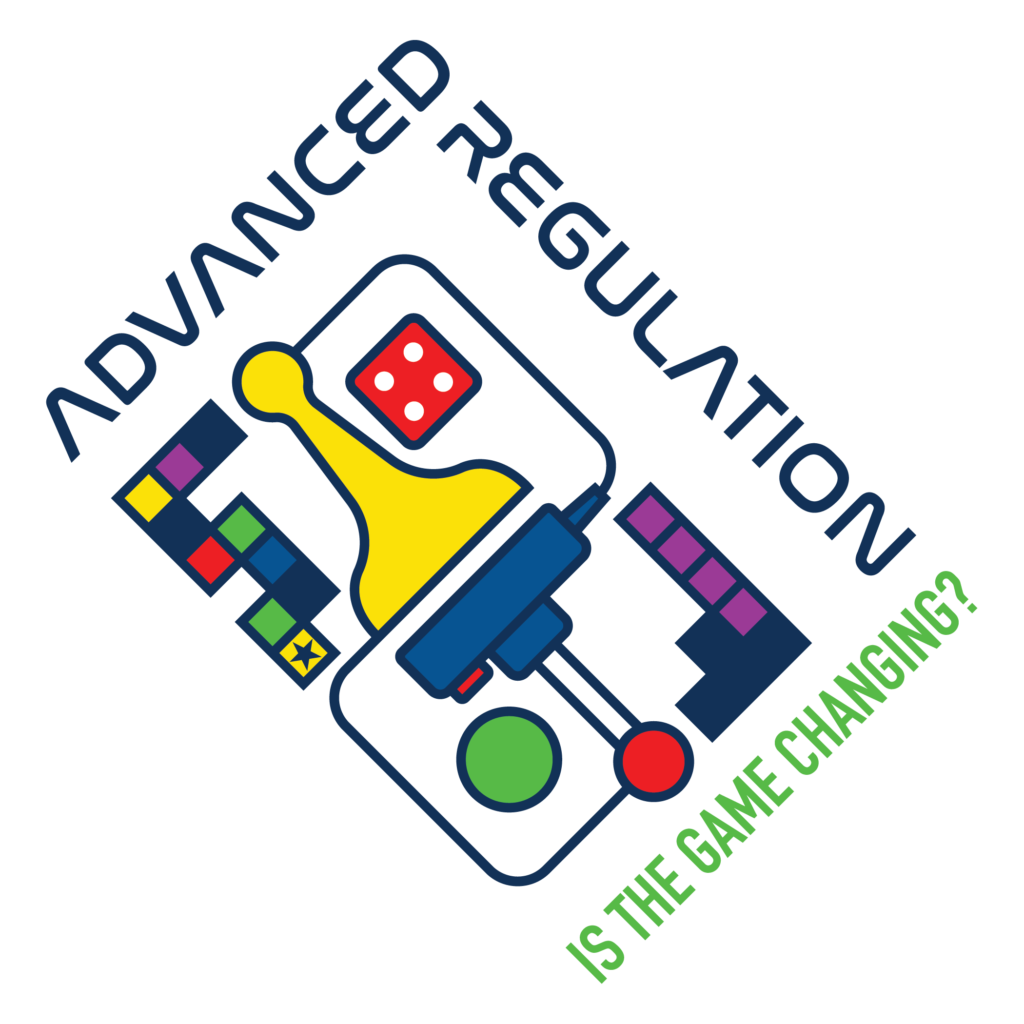 Colorful illustration including board game pieces and a video game controller. Text around the border reads "Advanced Regulation: Is the Game Changing?"