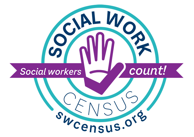 Social work census logo, featuring a raised hand and a ribbon with text reading "Social Workers Count!"