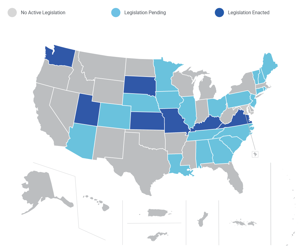 Map of U.S. states and territories showing the status of the social work licensure compact legislation. Washington state, Utah, South Dakota, Kansas, Missouri, Kentucky and Virginia are shown in dark blue because they have adopted the compact. Arizona, Colorado, Nebraska, Minnesota, Iowa, Illinois, Ohio, Pennsylvania, New Jersey, Connecticut, Rhode Island, Vermont, New Hampshire, Maine, North Carolina, South Carolina, Tennessee, Georgia, Alabama and Louisiana are shown in light blue to indicate that compact legislation has been introduced in the legislature. The remainder of the states and territories are gray, indicating no action on the compact has been taken.