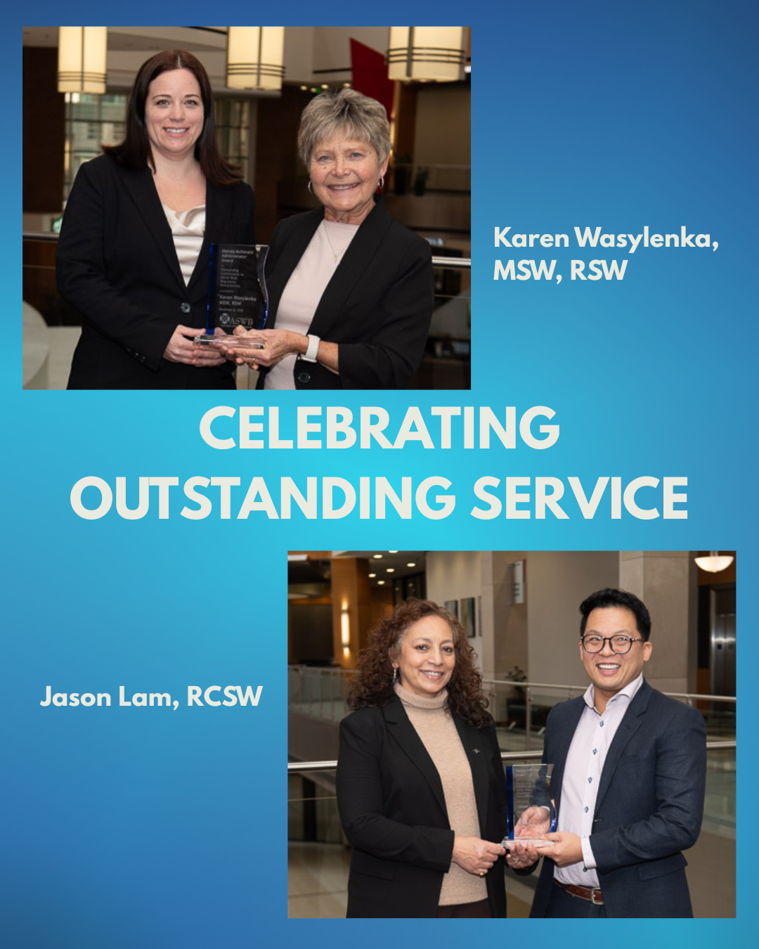 Collage of the 2025 ASWB award winners, Karen Wasylenka of Saskatchewan and Jason Lam of British Columbia