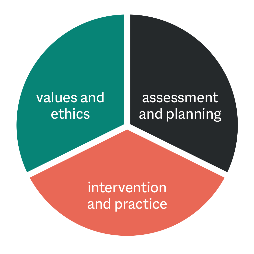 A pie chart with three sections that describe the three content areas for the Social Work Licensing Exams. The upper left third is forest green and says "values and ethics", the upper right third is black and says "assessment and planning", and the bottom third is coral colored and says "intervention and practice".